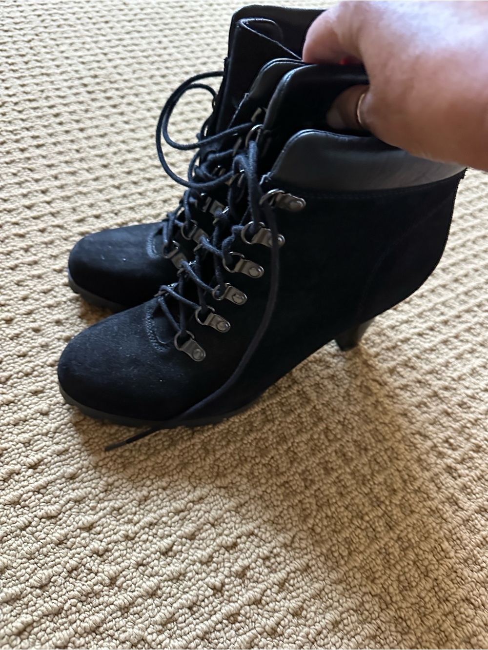 Ralph Lauren Black Lace-Up Suede Ankle Boots with Kitten Heel